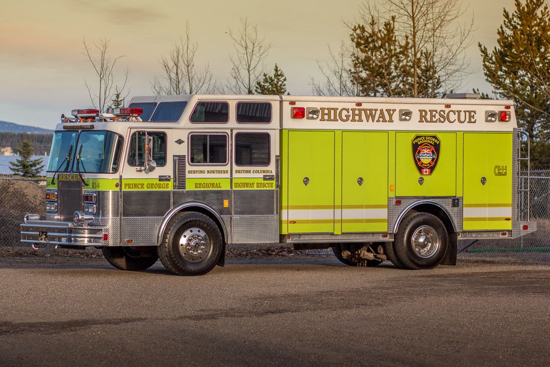 The Highway Rescue heavy rescue unit, a large lime-green rescue apparatus
